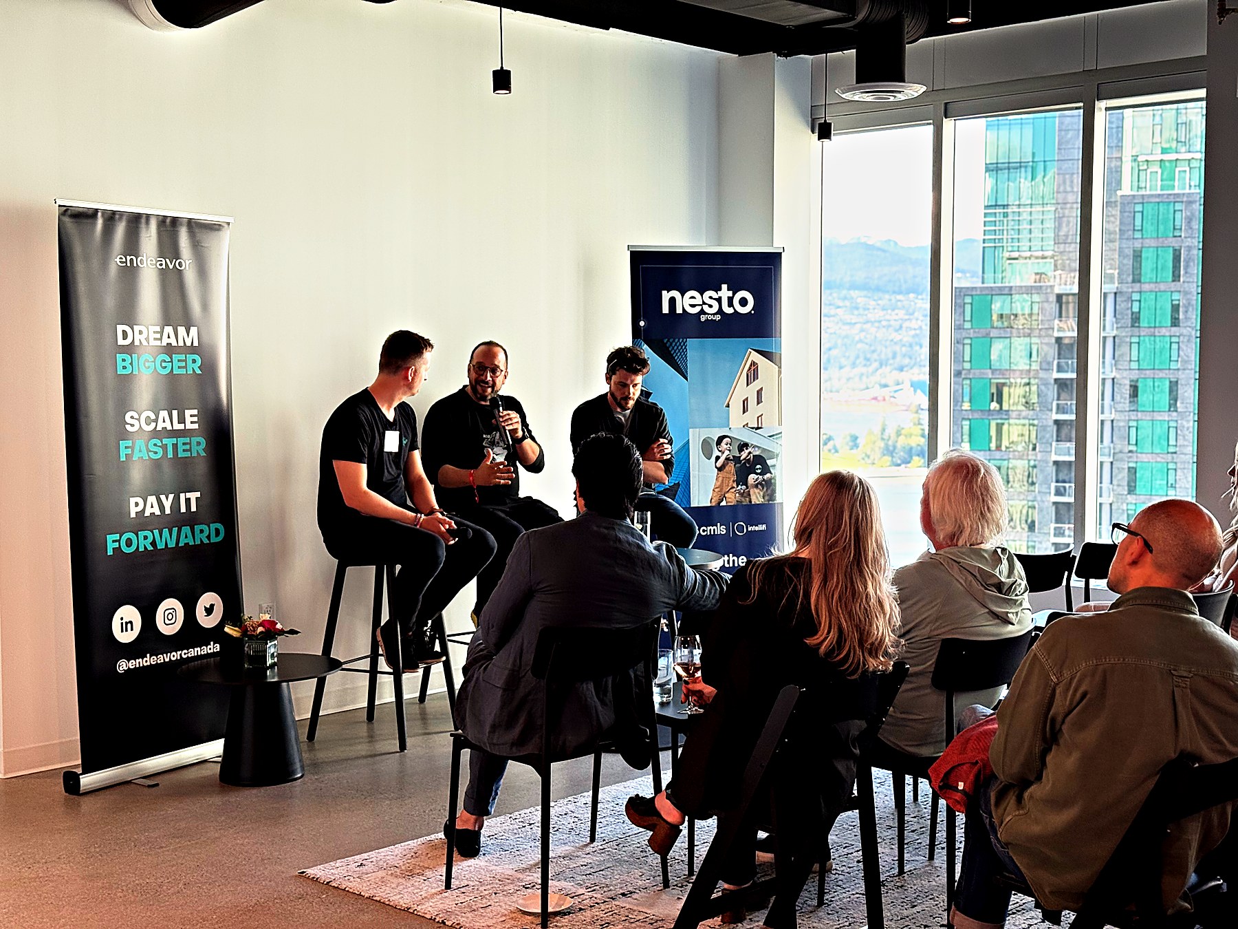 Malik speaks on a panel alongside fellow Endeavor Entrepreneurs Andrew McLeod (Certn) and Daniel Eberhard (KOHO Financial) at a Founder Social held at nestos Vancouver office in May 2025.